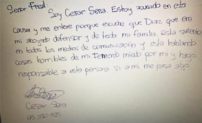 La carta de puño y letra de César Sena.