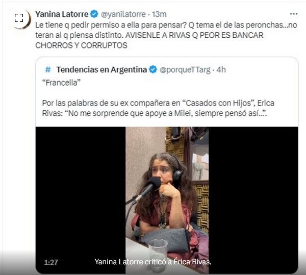 Yanina Latorre destrozó a Érica Rivas por sus dichos sobre Guillermo Francella Qué tema el de las peronchas