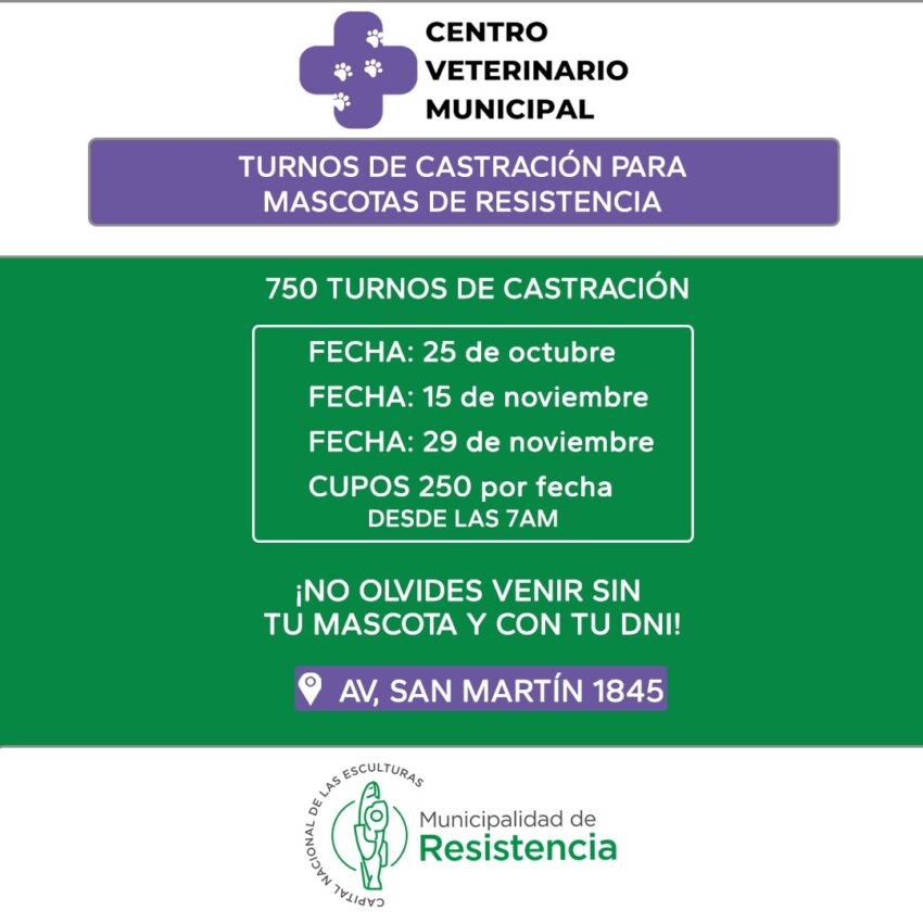 La Municipalidad de Resistencia informa la ampliación del cupo de turnos para la castración gratuita de perros y gatos, que pasará a 750 intervenciones.
La reserva de los mismos se iniciará este viernes 25 de octubre en el Centro Veterinario Municipal, sito en avenida San Martín 1.845, desde las 7 horas, debiendo presentar el documento nacional de identidad, pero sin llevar a su mascota. Seguirán registrando los próximos 15 y 29 de noviembre.
“Es muy positiva esta iniciativa, respondiendo a una demanda de la ciudadanía y que tiene que ver con el control ante la sobrepoblación de perros y gatos”, explicó Matías Chávez, subsecretario de Gestión Ambiental comunal.
“Es un trabajo que se efectúa desde el inicio de la gestión, tal el compromiso asumido por el intendente Nikisch”, expresó y agregó: “La intención es, además, llevarlo a cabo en los centros comunitarios”.