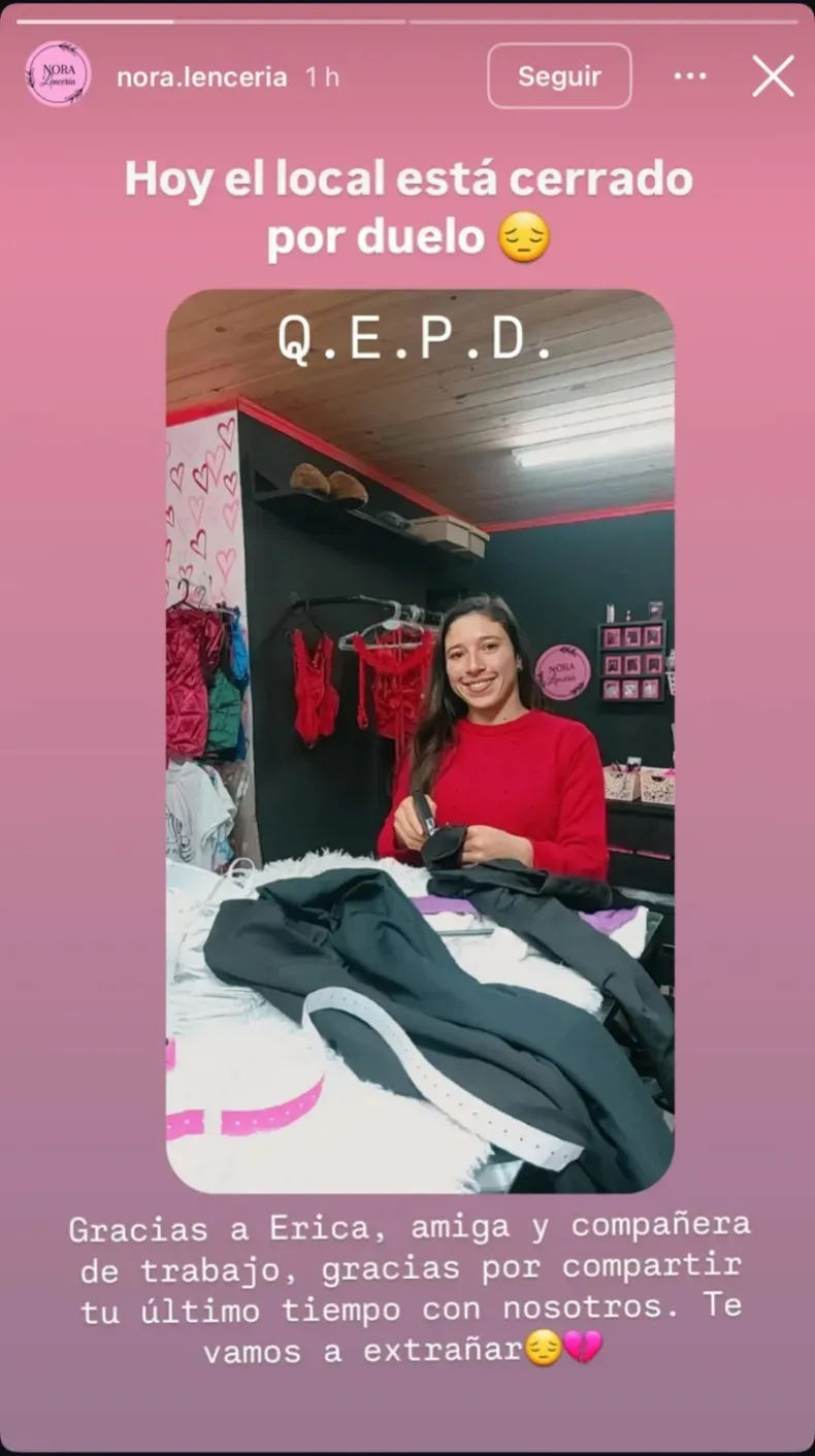 Femicidio de Érica Almirón: sus compañeras de la lencería la despidieron con un mensaje en redes